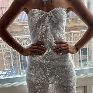 12th Tribe Celeste White and Silver Sequin Mini Dress Size SS